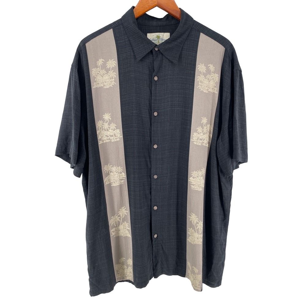 Island Shores Hawaiian Camp Shirt Mens XL Black Palm Tree Island Tropical Cabana